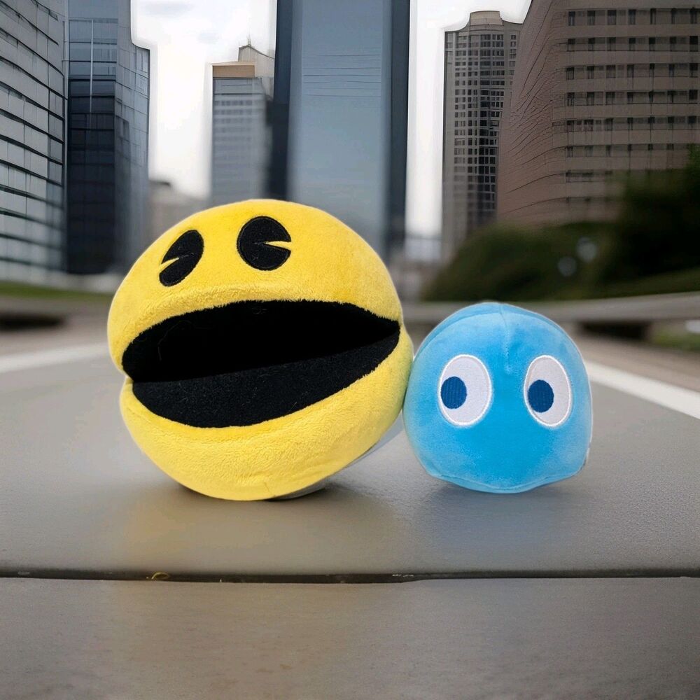 PAC-MAN 7" Battle Royale Bandai Yellow & 5" Blue Ghost Plush Toy Factory Namco